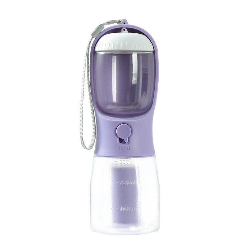 Portable pet water bottle cup with 300ml markings, purple body and clear jug