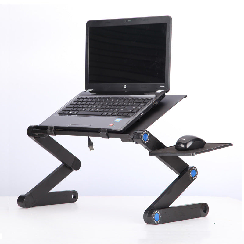 Black laptop stand with folding legs, adjustable tilt, built-in mouse pad tray