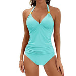 Women's halter split-tie two-piece swimsuit, light turquoise halter top and matching bottoms