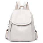 Women's PU leather travel backpack with front flap and side zippers, white