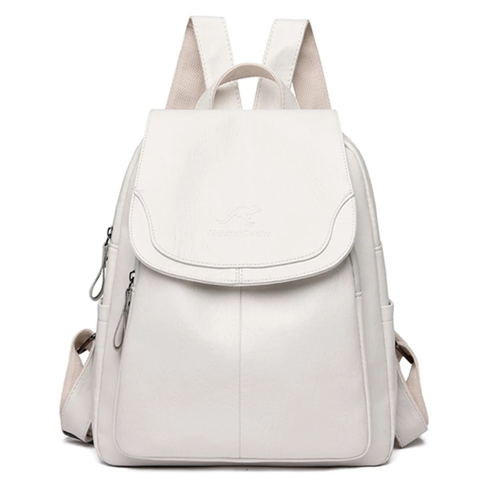 Women's PU leather travel backpack with front flap and side zippers, white
