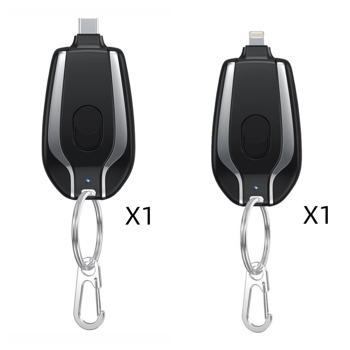 Set of black mini keychain chargers: Type-C on one and Lightning on the other