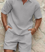 Men's zip short-sleeve shirt and shorts set, light gray quilted texture, half-zip neckline