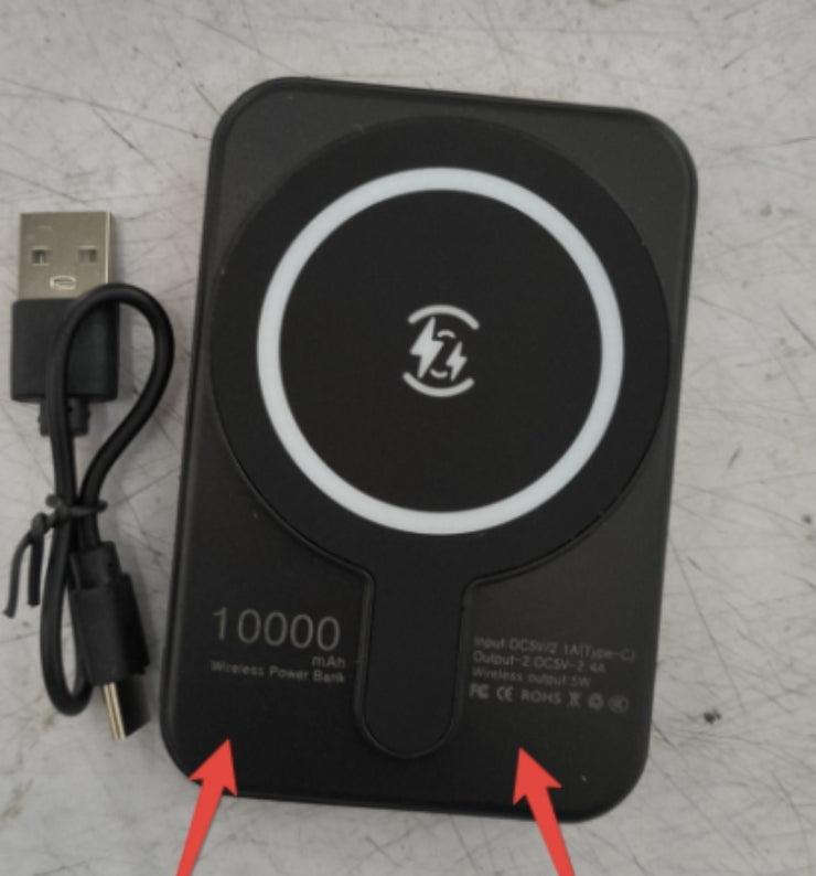 Black magnetic wireless power bank front view with cable and wireless charging icon