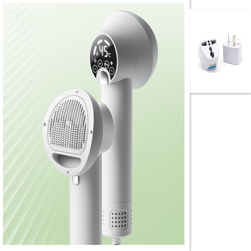 Pet hair dryer with brush head and digital temperature display, purple body with plug adapter kit