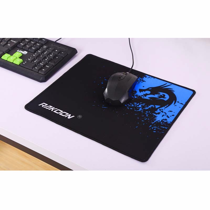Black mouse pad with blue dragon emblem, smooth surface, and rounded corners