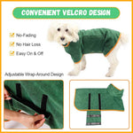 Green microfiber dog bathrobe waist wrap with orange trim, secured with hook-and-loop