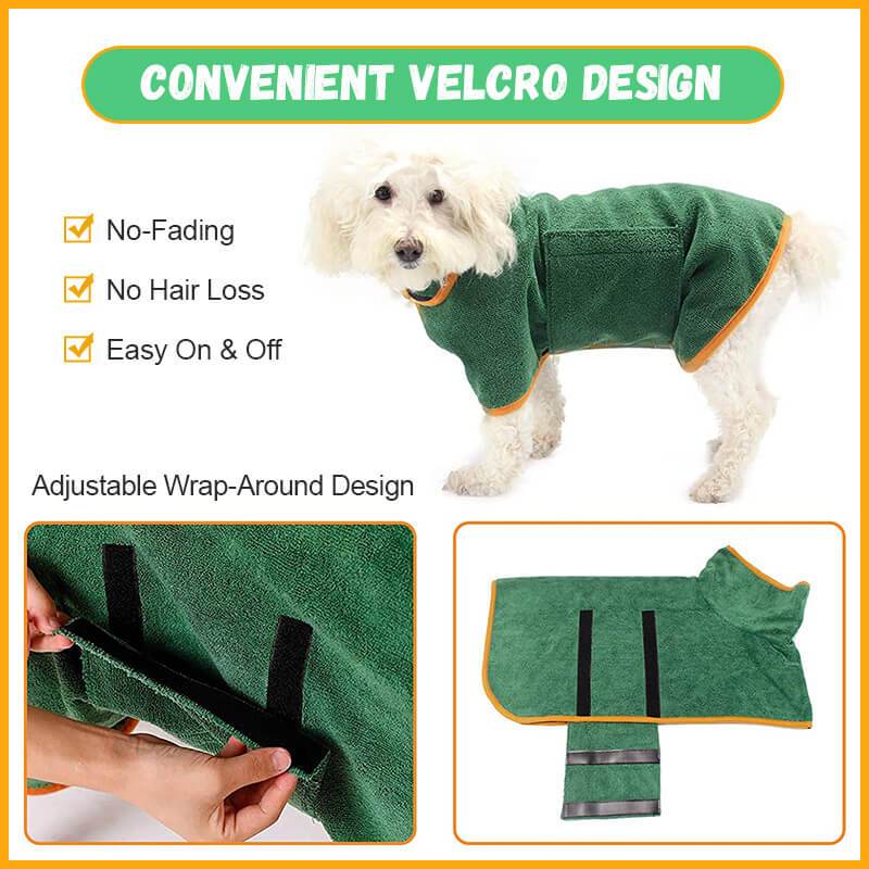 Green microfiber dog bathrobe waist wrap with orange trim, secured with hook-and-loop
