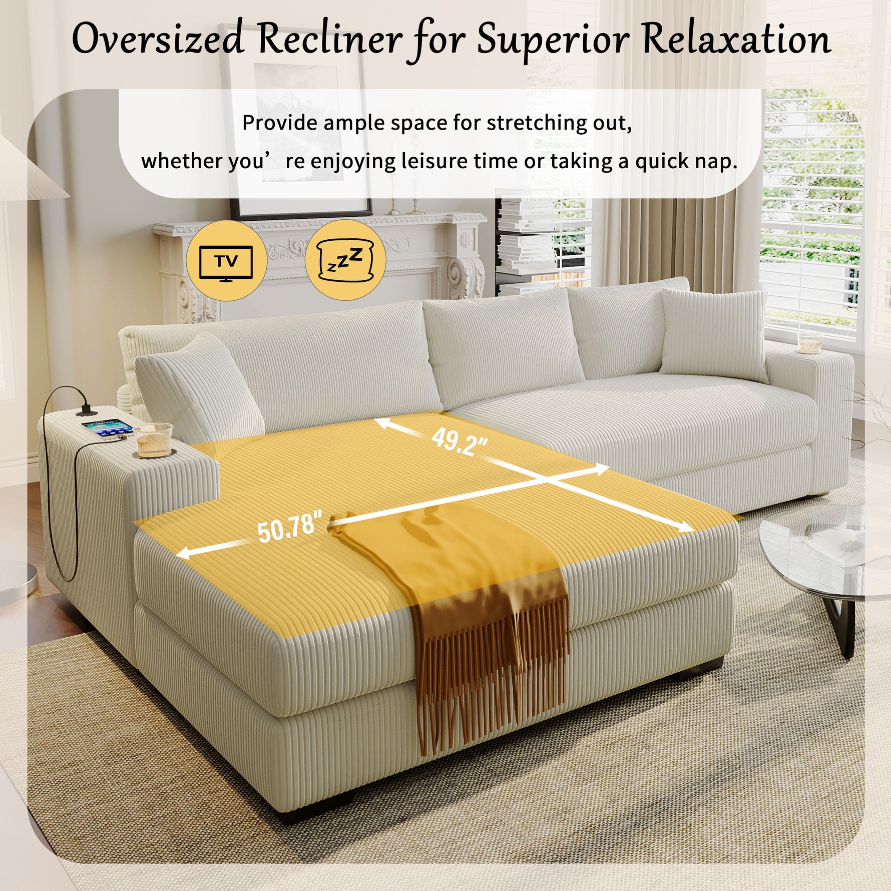Mirod Large Sectional Sofa With Thick Cushions, And Built-in Cup Holders  Charging Ports