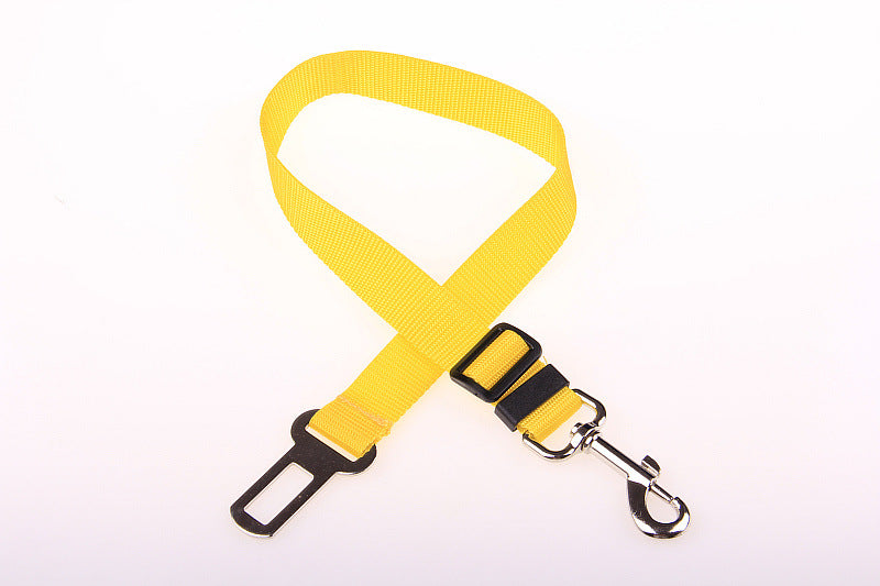 Yellow adjustable dog car seat belt strap with buckle and metal hooks