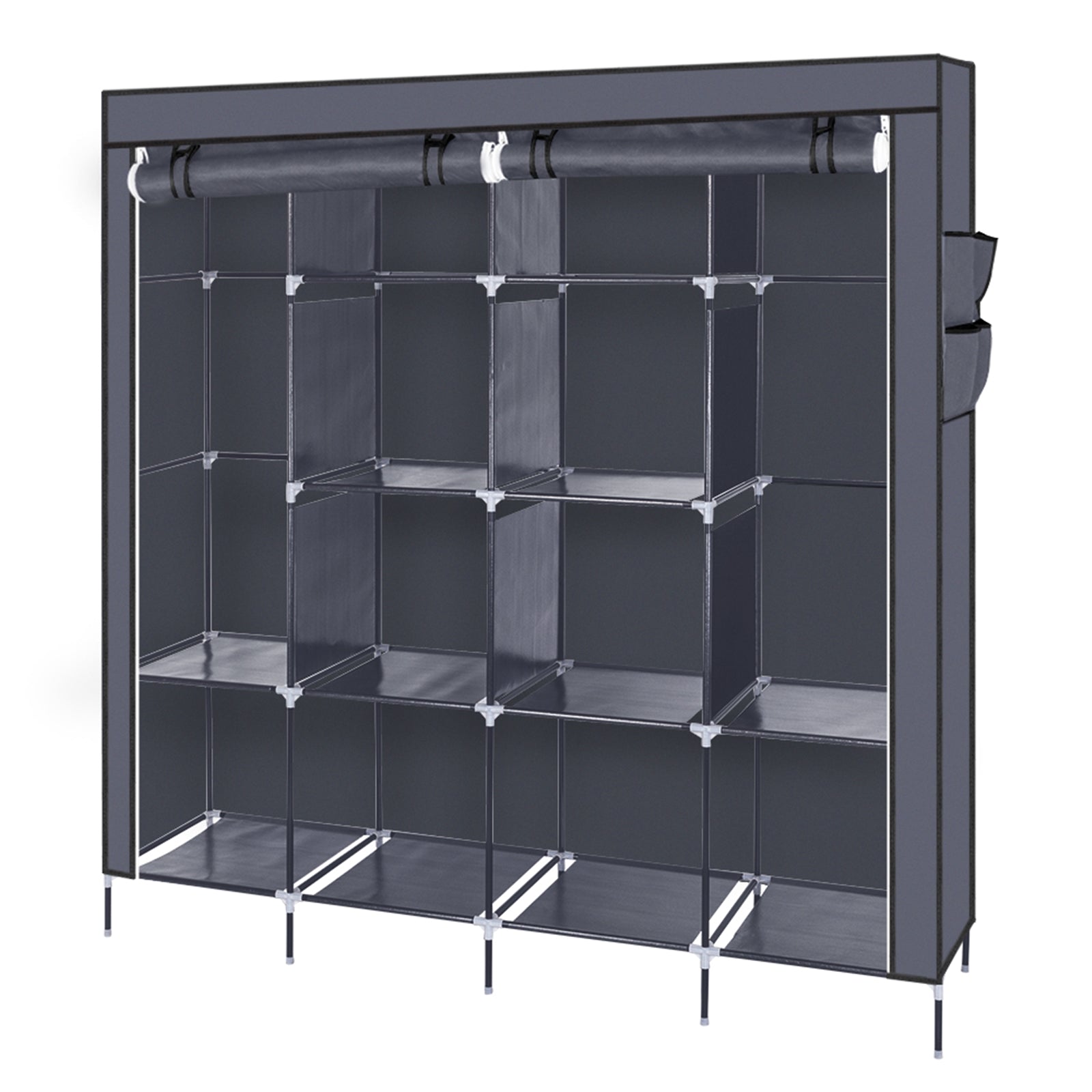 67 Inch Clothes Closet Portable Wardrobe Clothes Storage Rack 12 Shelves 4 Side Pockets Gray