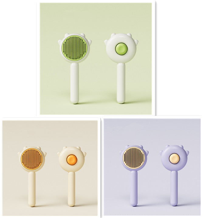 Pet grooming massage comb set with green, orange, and purple round bristle brushes