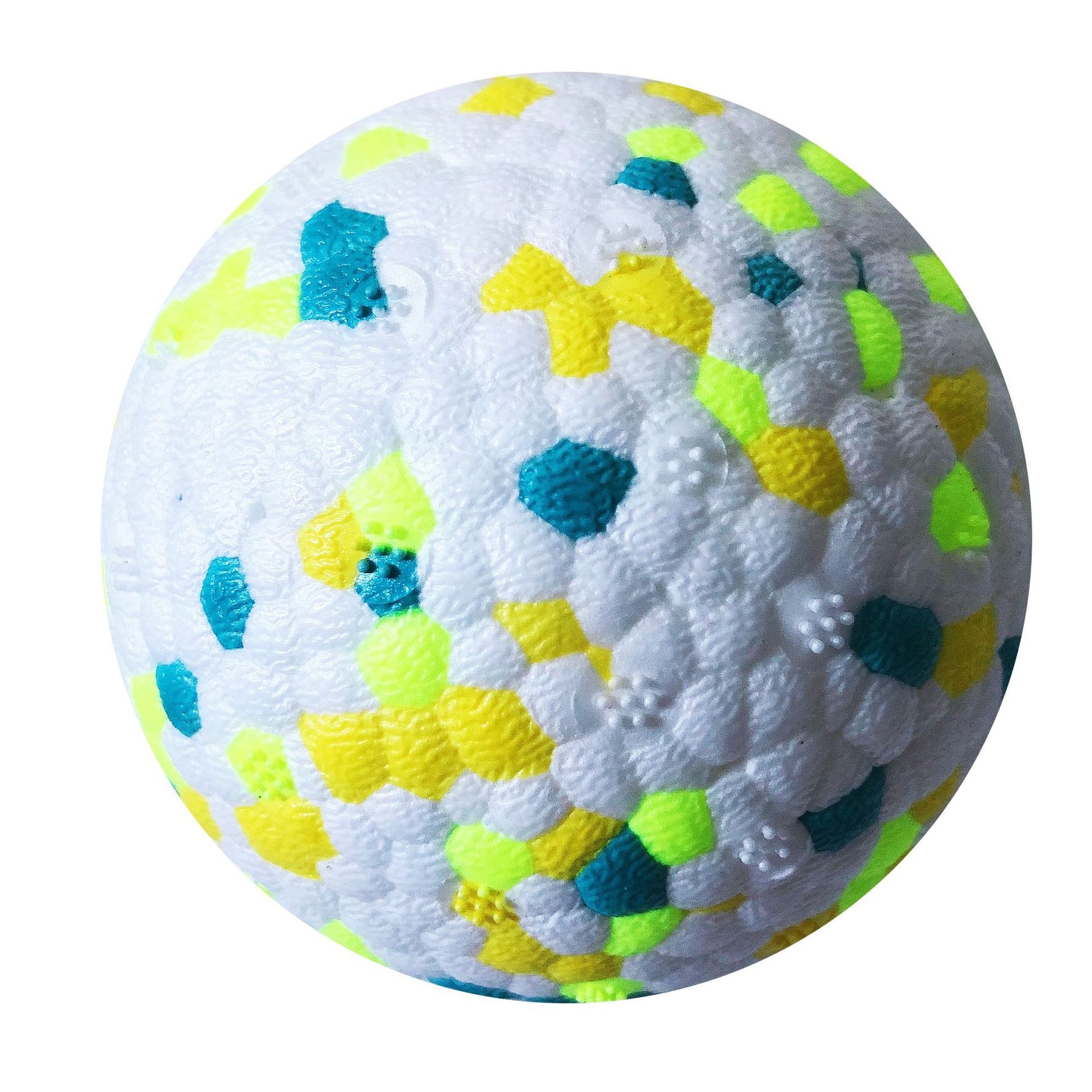 Textured dog chew ball close-up with neon multicolor shapes on white