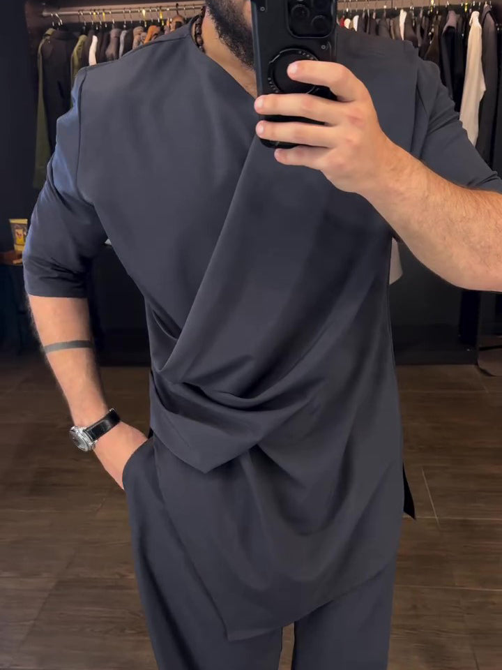 Conjunto de Blusa de Manga Larga Drapeada y Pantalones de Talle Alto Dapper Threads para Hombre - Estilo sin Esfuerzo, Comodidad Durante Todo el Día