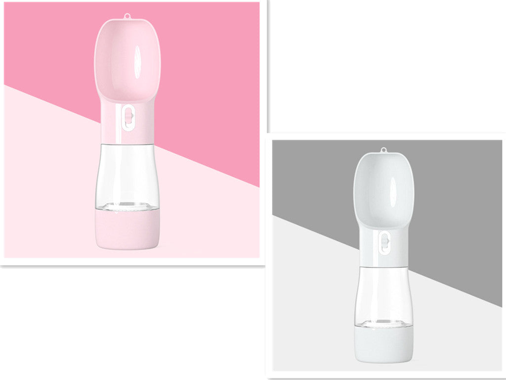 Pink and grey 2-in-1 dog water and food bottles with matching caps