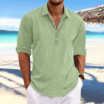 Men's loose pullover shirt, light green, button-front V-neck, rolled sleeves