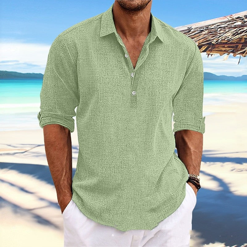 Men's loose pullover shirt, light green, button-front V-neck, rolled sleeves