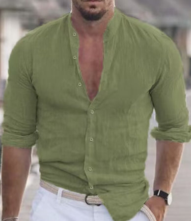 Men's casual cotton button-up shirt, green, V-neck placket, 3/4 sleeves