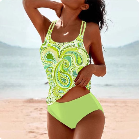 High-waist bikini swimsuit with lime paisley tank top and lime solid bottoms