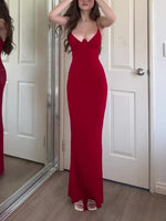 Red V-Neck Tight Maxi Dress – Slim Fit, High Elasticity