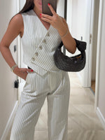 Vibrant White Striped Asymmetric Vest & Pants Set - Chic Double Breasted Style