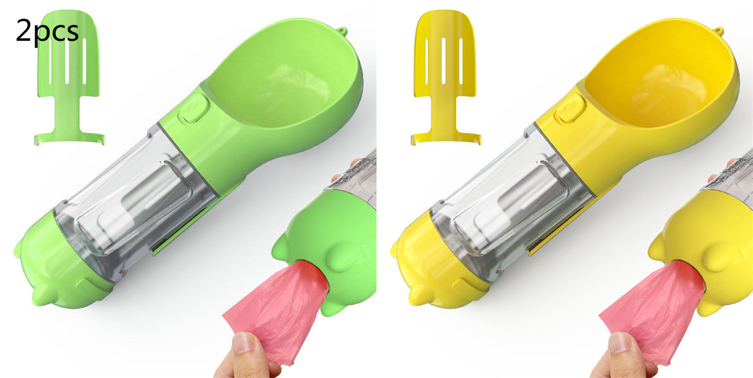Pet water bottle feeder bowl with waste bag dispenser, green and yellow color bottles.