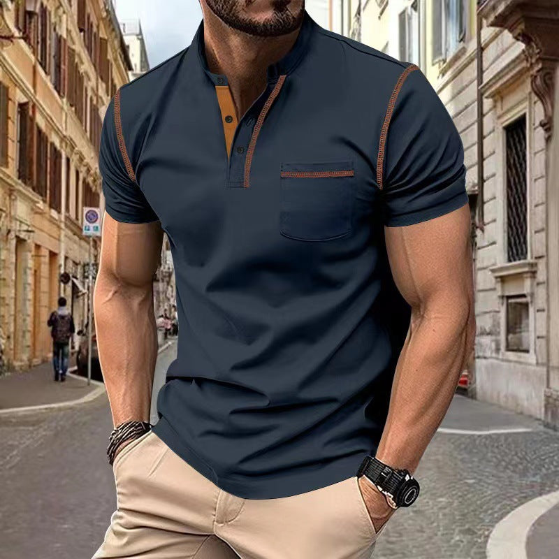 Dark blue henley polo T-shirt, short sleeves, chest pocket, 3-button placket