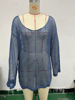 Blue mesh hollow-knit beach cover-up top, long sleeves, scoop neckline