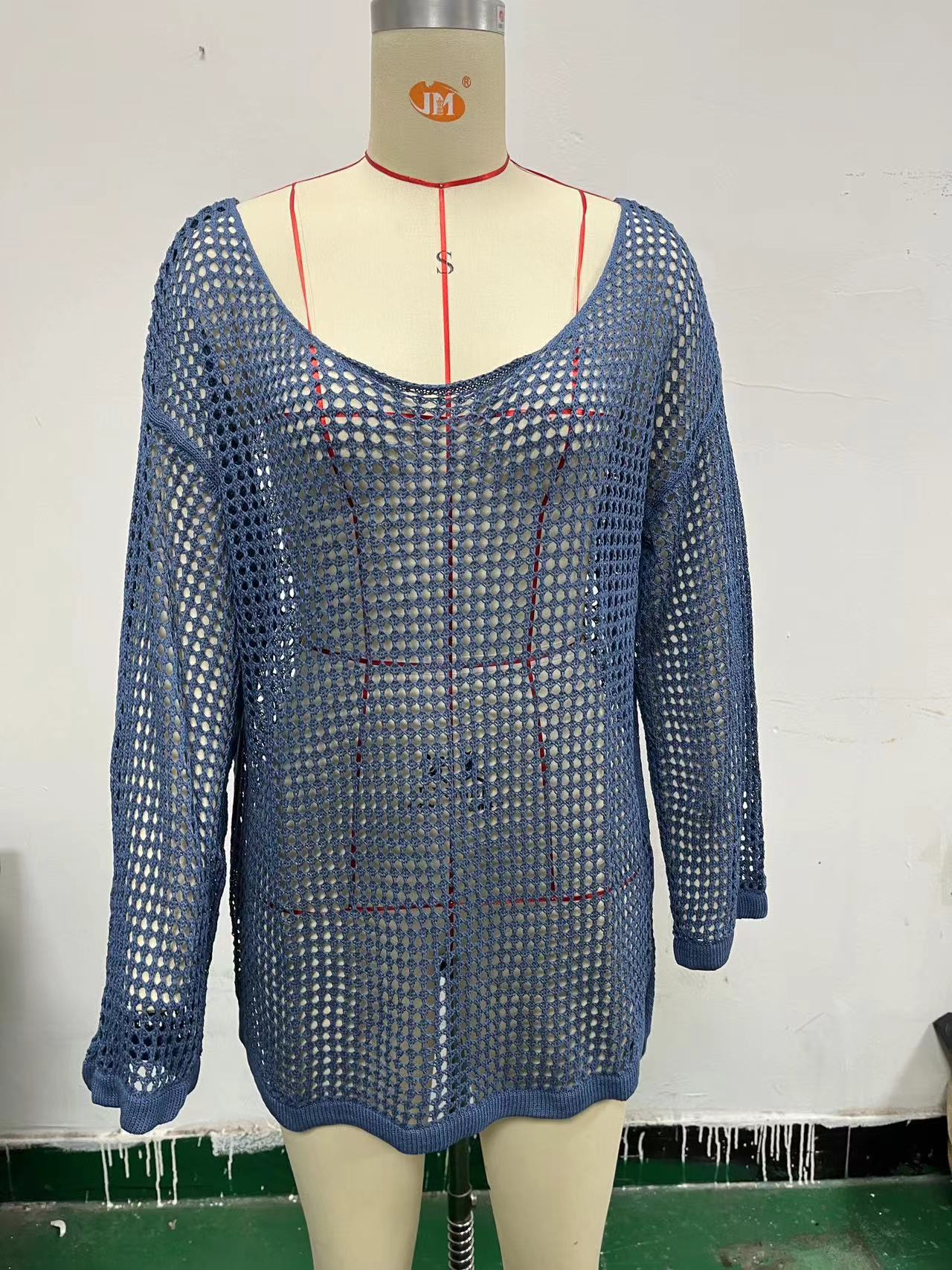 Blue mesh hollow-knit beach cover-up top, long sleeves, scoop neckline