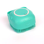 Green silicone pet bath massage brush with short bristles and gray inset ring
