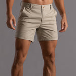 Men's khaki cotton shorts with button front and side pockets