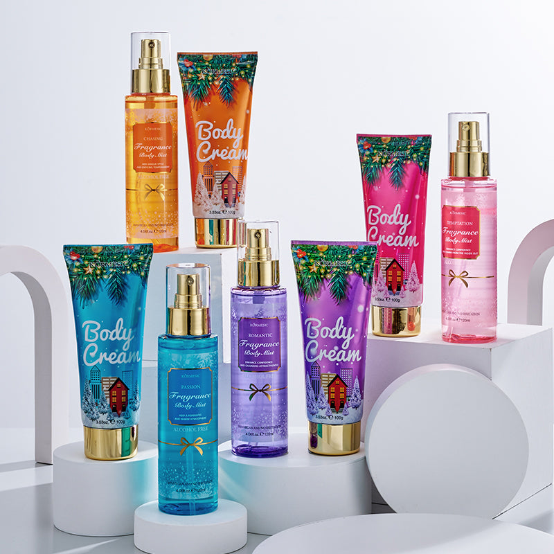 Assorted KORMESIC fragrance body care bottles and tubes on a white tiered stand