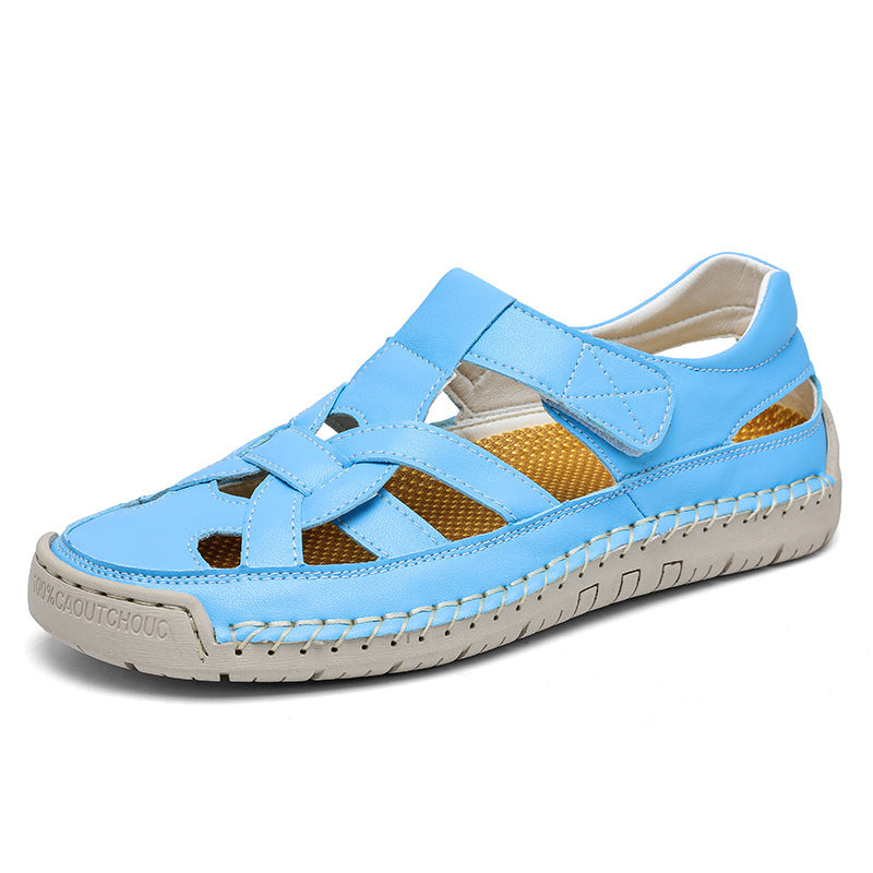 Women's Roman flat woven soft-sole shoes in light blue, strap-closure woven upper