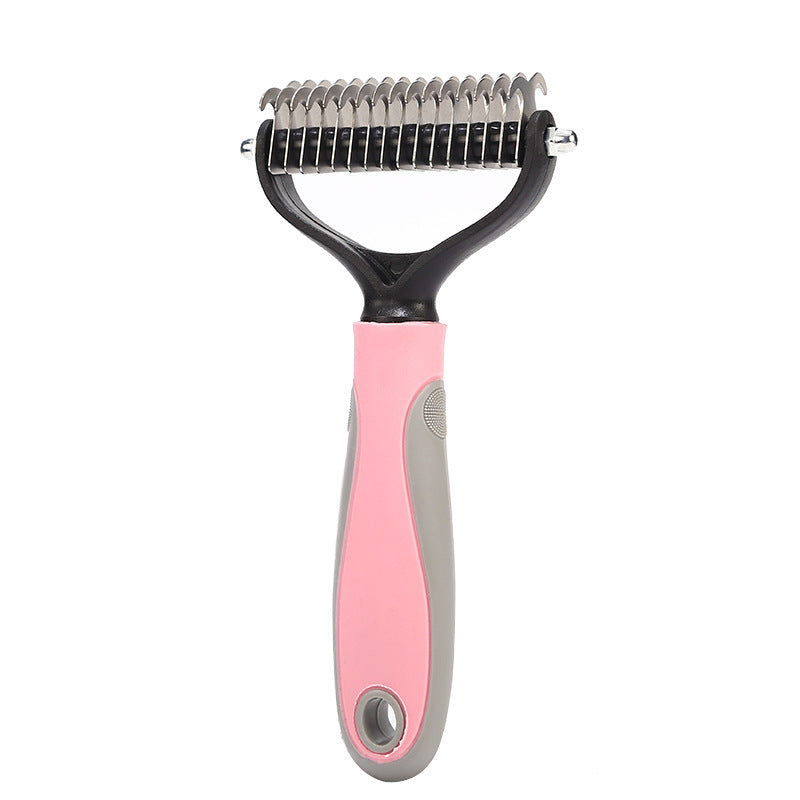 Double-sided pet brush with pink handle and gray back, stainless steel dematting pins