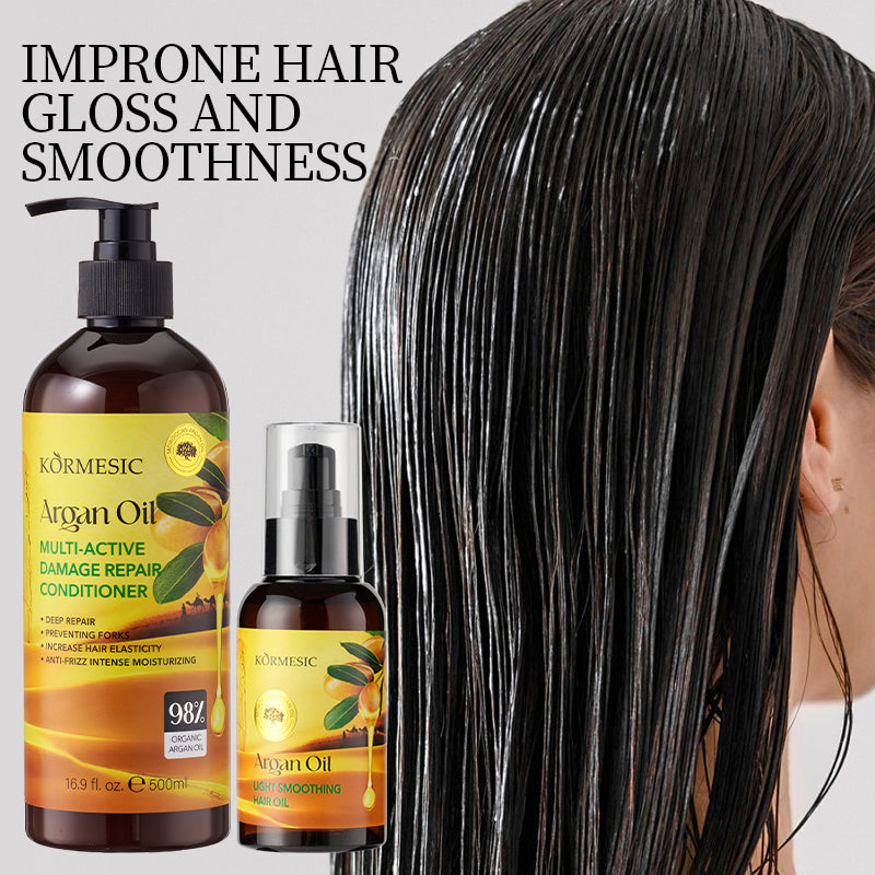 Argan oil hair oil bottles with pump, shown with dark hair strands