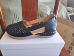 Dark navy perforated women's wedge sandals with round toe and sling strap