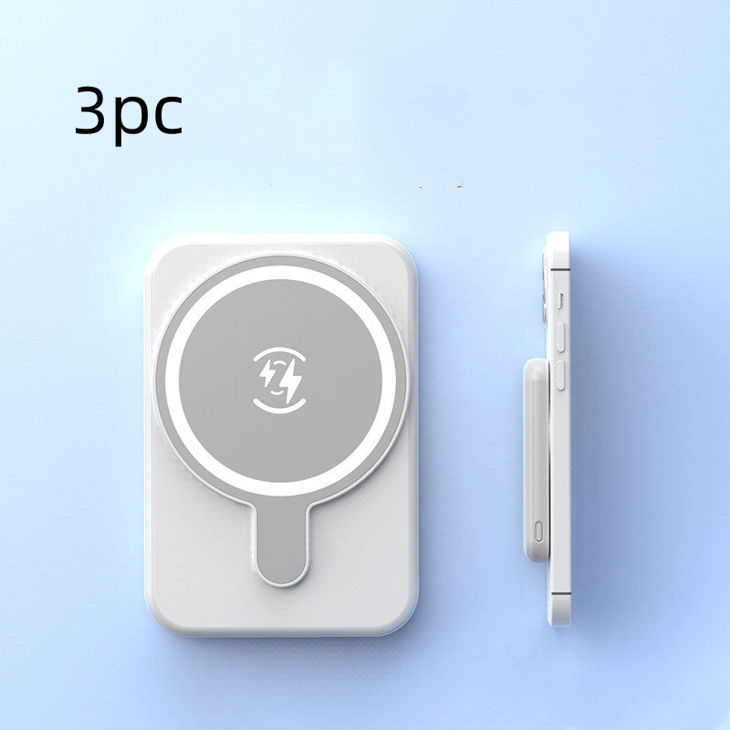 White magnetic wireless power bank with lightning logo and slim side profile view.