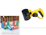 Yellow and black dog waste scooper with included bag rolls shown in an inset.