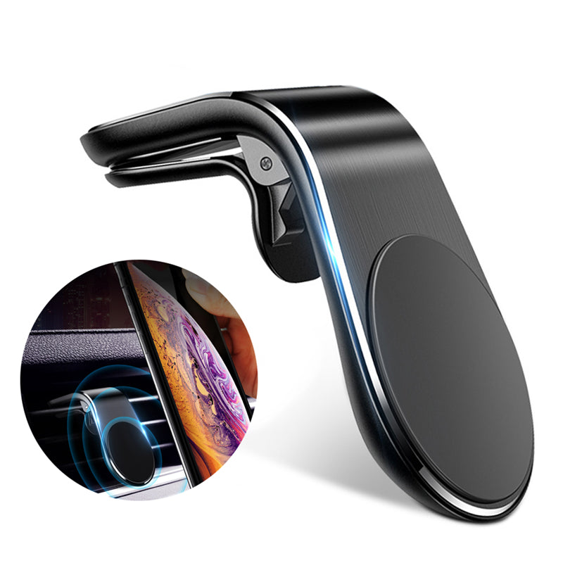 Car air vent phone holder with black magnet mount and rotating metal stand view
