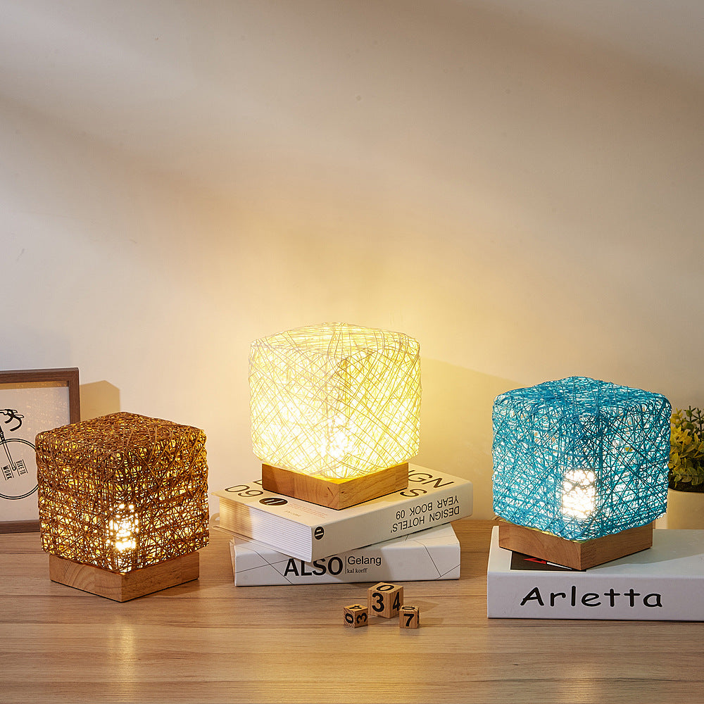 Lampes de bureau LED carrées à intensité variable tricotées à la main en bois, rotin et ficelle, recharge USB, cadeau pour chambre de fille, décoration intérieure, éclairage de nuit