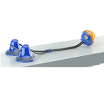 Blue suction cup tug toy with black cords and orange-blue textured chew ball