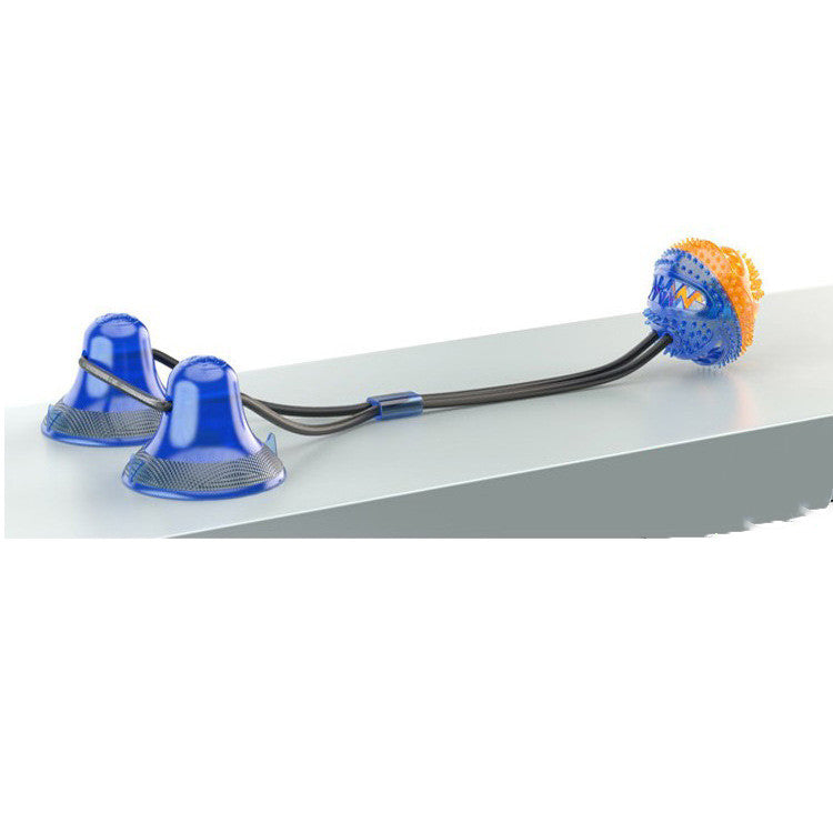 Blue suction cup tug toy with black cords and orange-blue textured chew ball