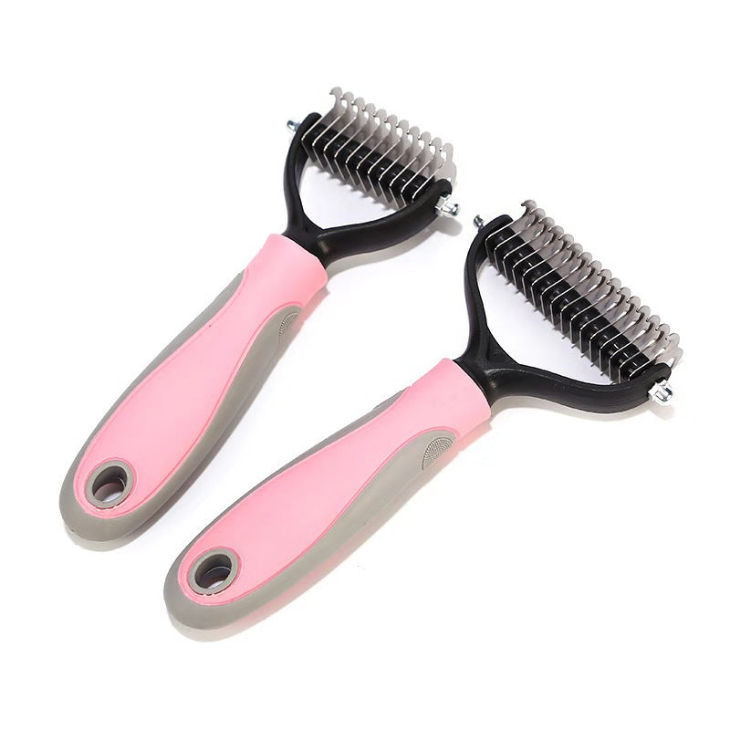 Double-sided pet brush set with two pink-and-gray handles and stainless steel grooming pins
