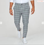 Men's plaid casual trousers in light gray-blue, slim leg, button waistband