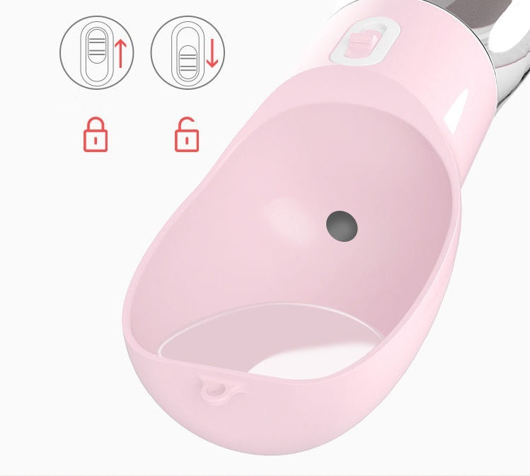 Pink 2-in-1 dog water bottle with covered drinking nozzle