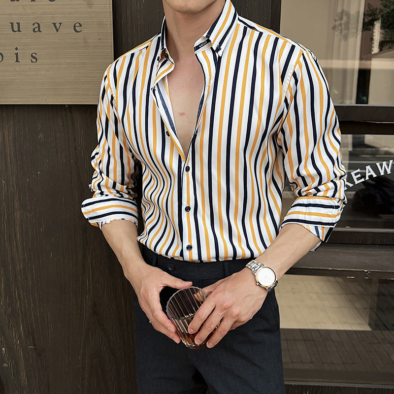 Men's Striped Long-Sleeve Shirt – Casual Polyester, Regular Fit