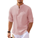 Men's stand-collar textured shirt, light pink with button placket and short sleeves