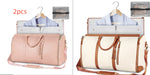 Waterproof duffel bag set, pink and white with brown trim, open interior, shoulder straps