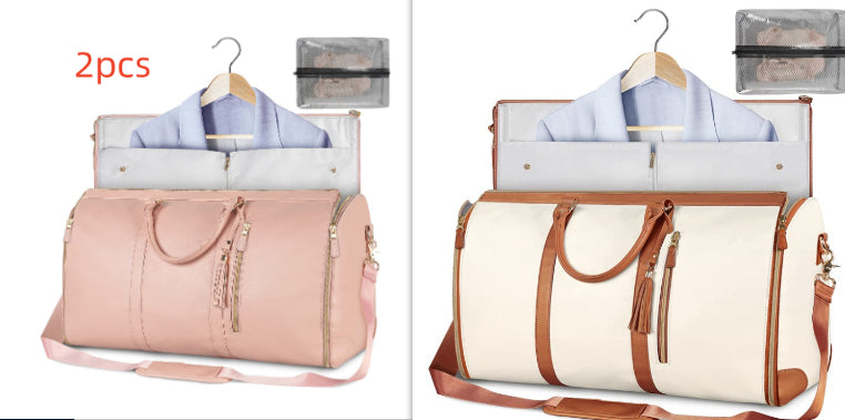 Waterproof duffel bag set, pink and white with brown trim, open interior, shoulder straps