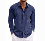 Navy men’s long-sleeve button-front cardigan shirt with open collar and patch pockets